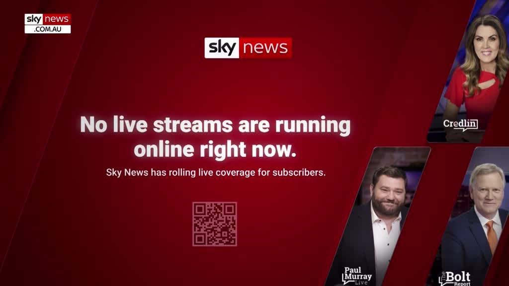 The screen displays "No live streams are running online right now" in large white text. Below that, it clarifies that Sky News has rolling live coverage for subscribers, with images of hosts Credlin, Paul Murray, and Bolt appearing on the right.