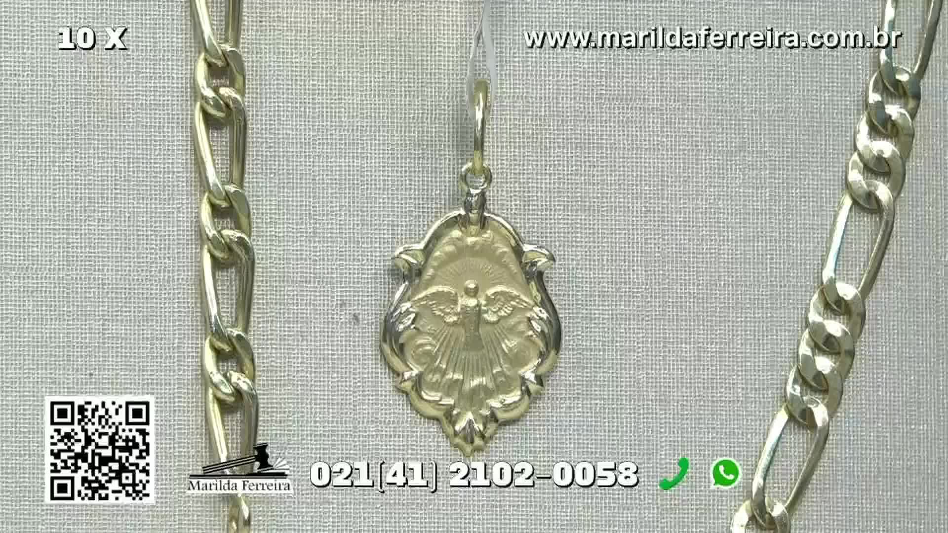 A silver pendant of an angel hangs between two chains. The jewelry is displayed against a neutral background, with contact information for Marilda Ferreira visible below.
