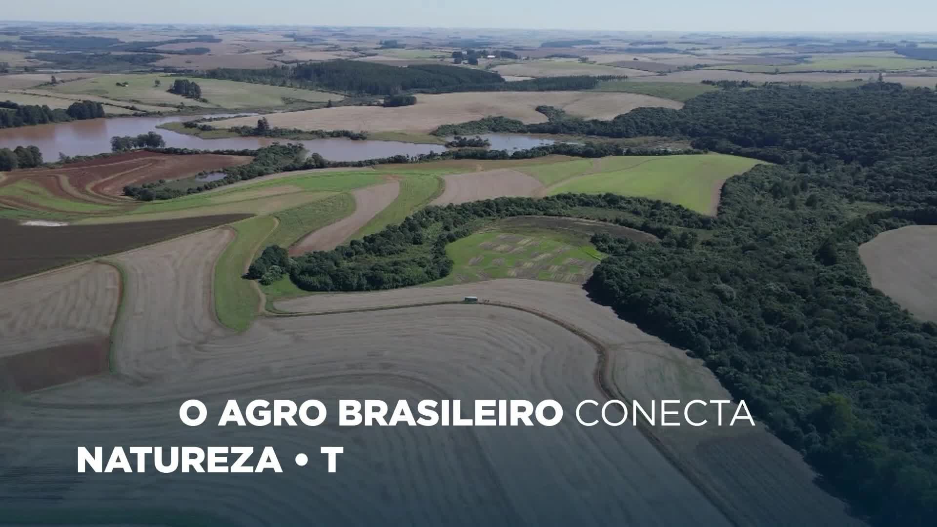 Fields of varying crops stretch across the Brazilian landscape, with patches of green and brown creating a patchwork pattern. A dense forest borders a lake, adding to the natural beauty of the agricultural scene.
