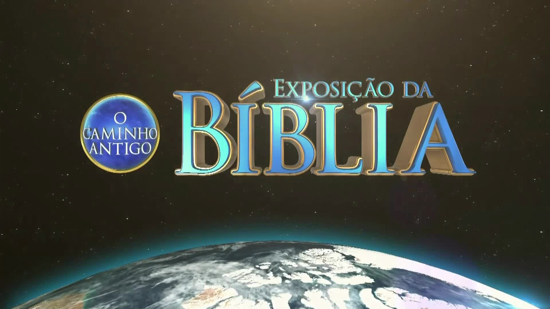 A logo for "Exposição da Bíblia" floats against a starry backdrop, with the words in a 3D font. Below, a segment of Earth appears, suggesting a broadcast from Brazil, perhaps on Canal Rural.
