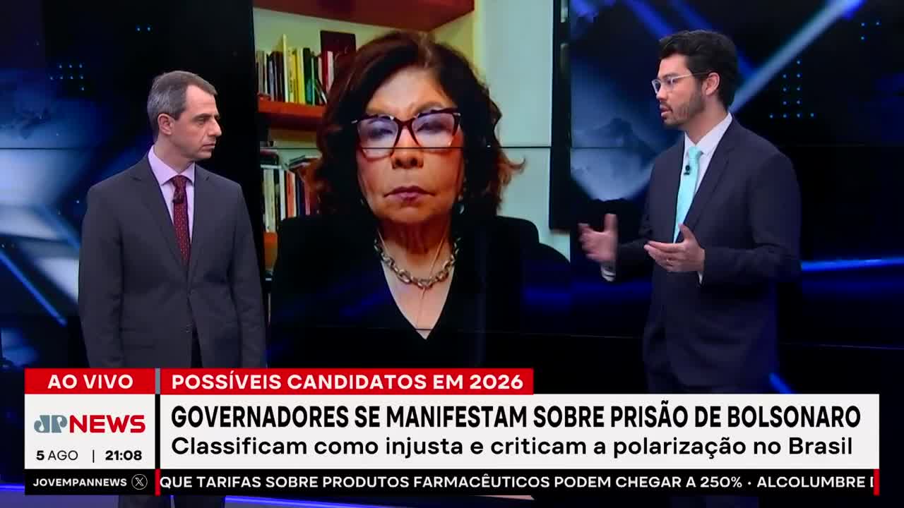 On Jovem Pan News, a panel discusses the imprisonment of Bolsonaro, with the headline "Governors comment on Bolsonaro's imprisonment." The woman in the middle is in a split-screen, while the two men on either side gesture and speak.
