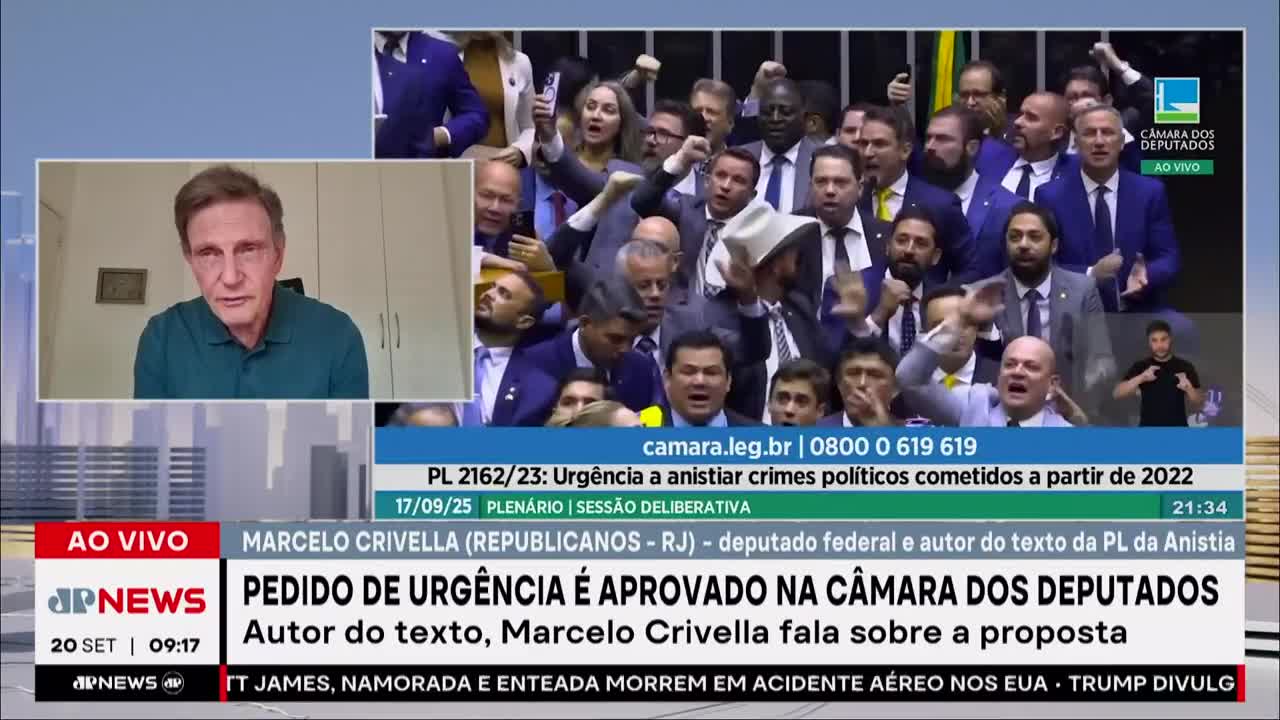 The Brazilian Congress is in an uproar, with many deputies gesturing and shouting. Meanwhile, on Jovem Pan News, Marcelo Crivella, the author of the amnesty bill, is speaking.
