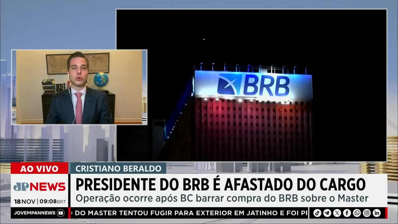 A news anchor from Jovem Pan News in Brazil is reporting live, with the BRB logo illuminated in the background. The headline announces the removal of the BRB president from his position.
