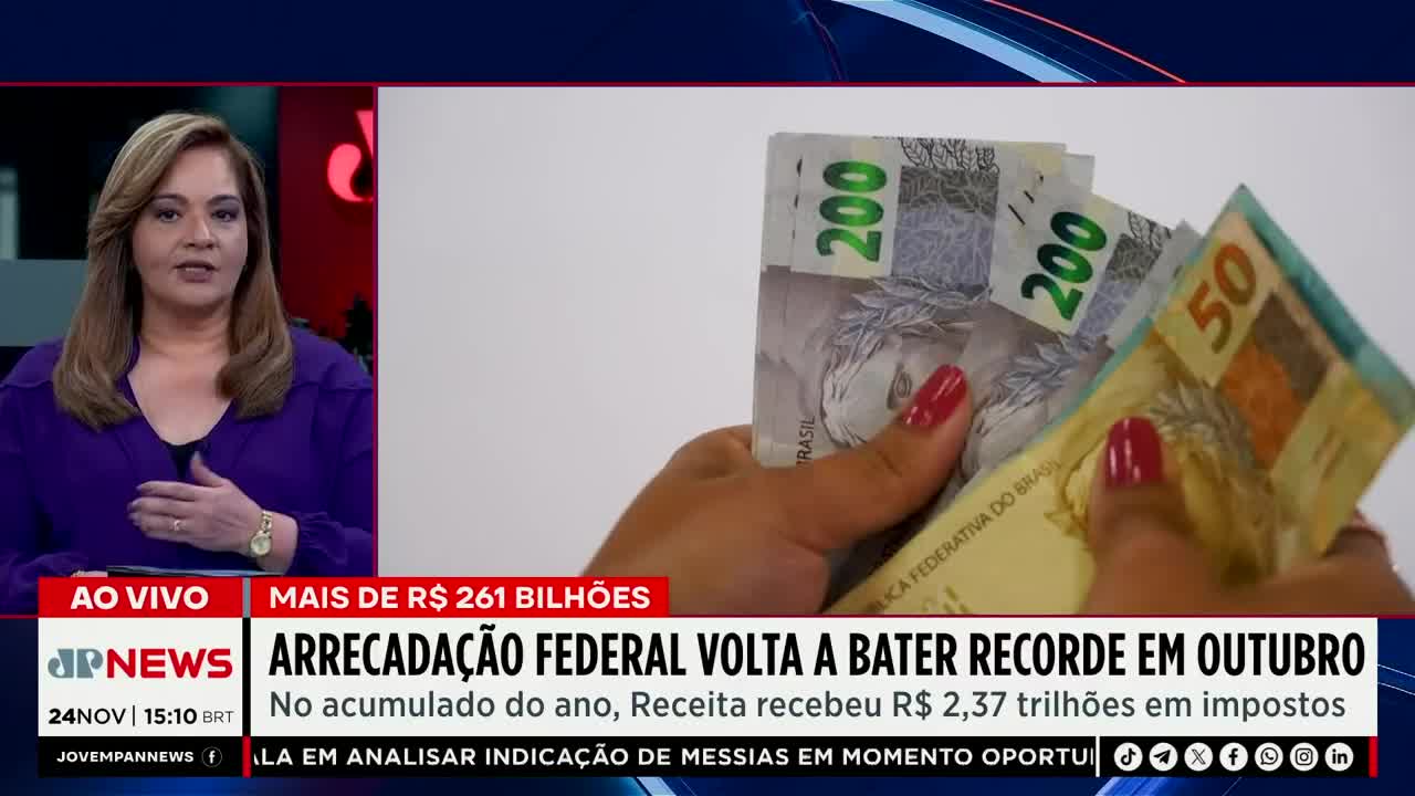 A news anchor from Jovem Pan News in Brazil is speaking, while a close-up shows hands holding Brazilian real banknotes. The bills, including some 200 and 50 notes, are displayed as the broadcast discusses tax revenue.
A news anchor from Jovem Pan News in Brazil is speaking, while a close-up shows hands holding Brazilian real banknotes. The bills, including some 200 and 50 notes, are displayed as the broadcast discusses tax revenue.