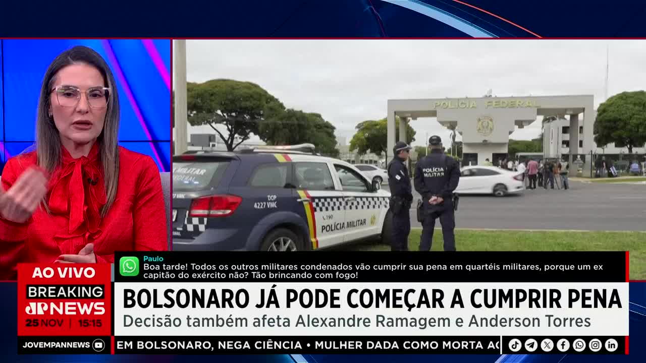 A news anchor on Jovem Pan News in Brazil gestures emphatically, discussing Bolsonaro's potential prison sentence. Outside, two uniformed police officers stand guard near a Polícia Federal building.
A news anchor on Jovem Pan News in Brazil gestures emphatically, discussing Bolsonaro's potential prison sentence. Outside, two uniformed police officers stand guard near a Polícia Federal building.