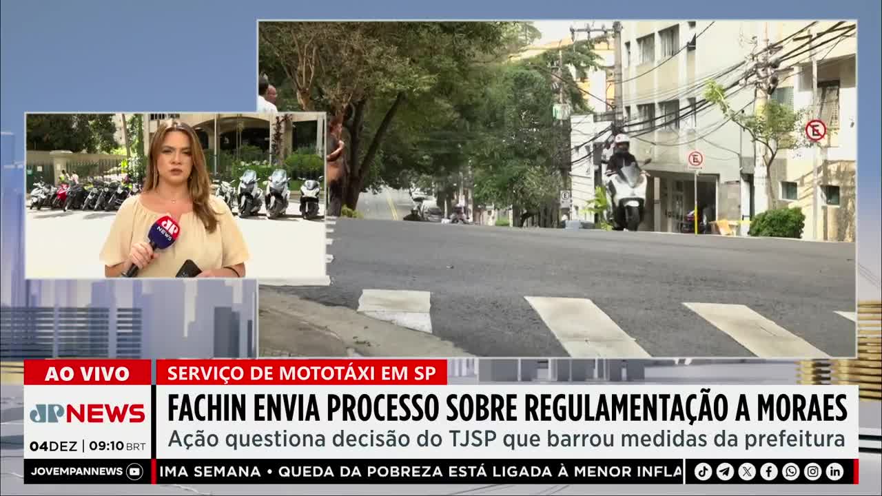 A motorcycle, likely a mototaxi, climbs a street in São Paulo. The Jovem Pan News broadcast features a reporter discussing the regulation of this service.
A motorcycle, likely a mototaxi, climbs a street in São Paulo. The Jovem Pan News broadcast features a reporter discussing the regulation of this service.