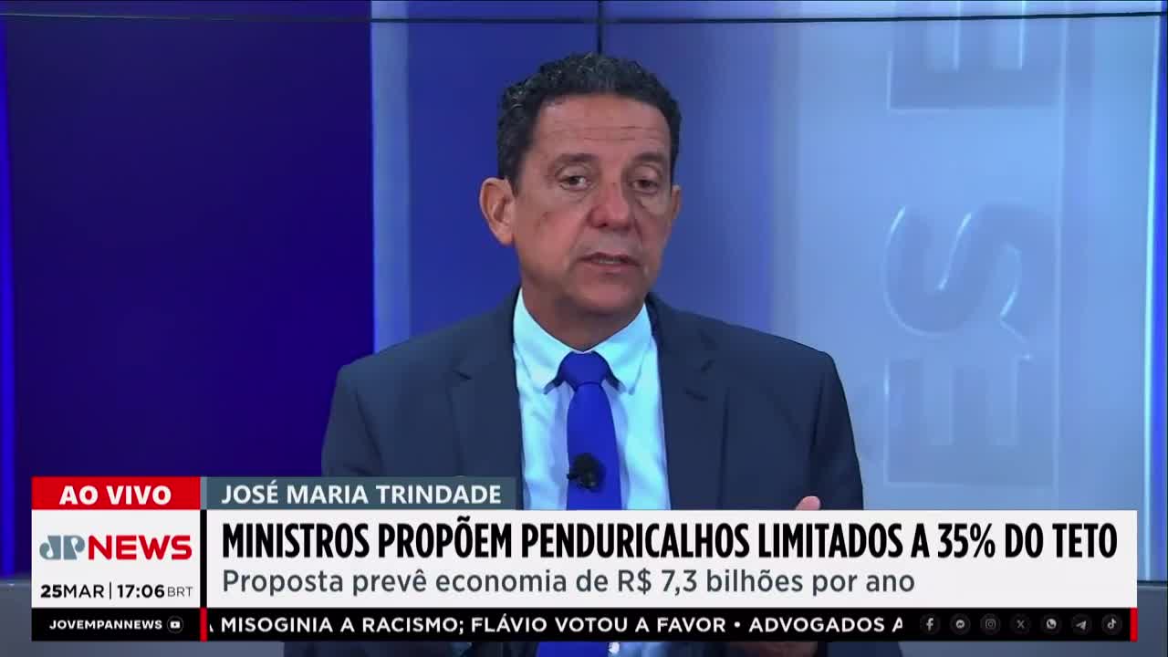 A man in a suit and tie speaks on Jovem Pan News, his words about ministers proposing spending limits displayed on screen. The broadcast is live from Brazil. A man in a suit and tie speaks on Jovem Pan News, his words about ministers proposing spending limits displayed on screen. The broadcast is live from Brazil.