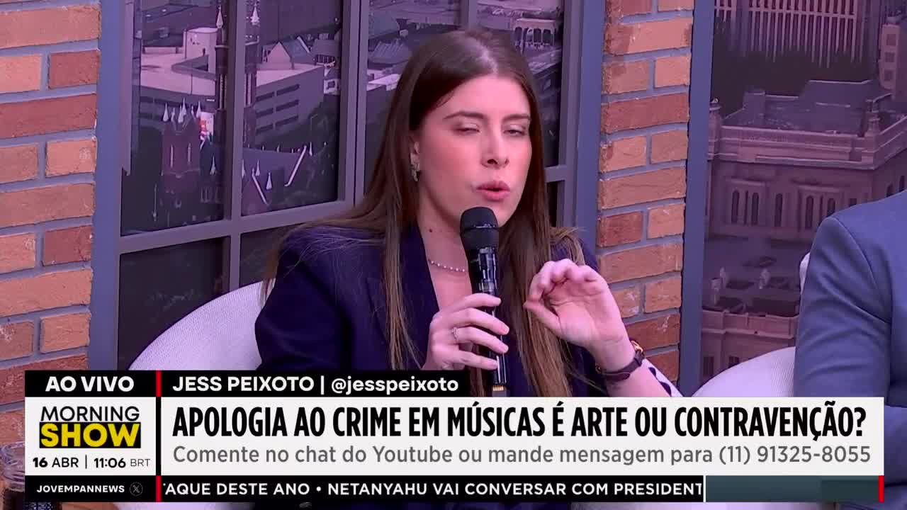 A woman speaks into a microphone, gesturing with her hands. Text on screen indicates this is a live broadcast of Jovem Pan News's Morning Show in Brazil.