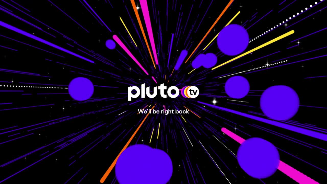 Purple, pink, and yellow lines radiate from the center, while large blue spheres float across the screen. The Pluto TV logo is centered, promising our return.

