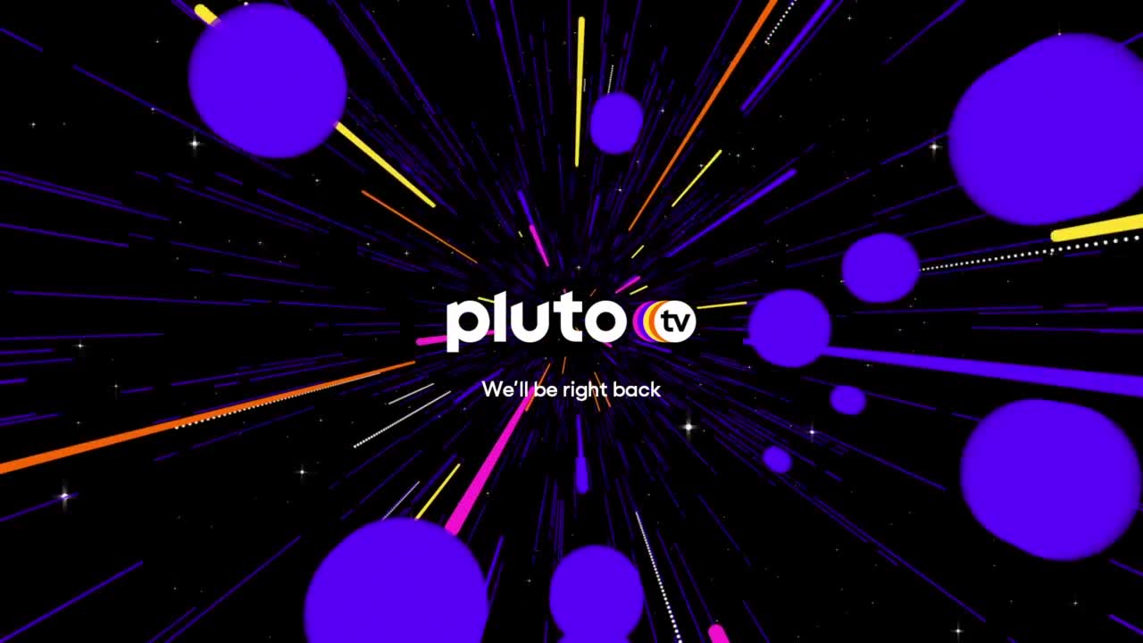 Purple orbs and streaks of color burst from the center of the screen, and the Pluto TV logo sits in the middle. "We'll be right back" is written below, so the show has paused.
