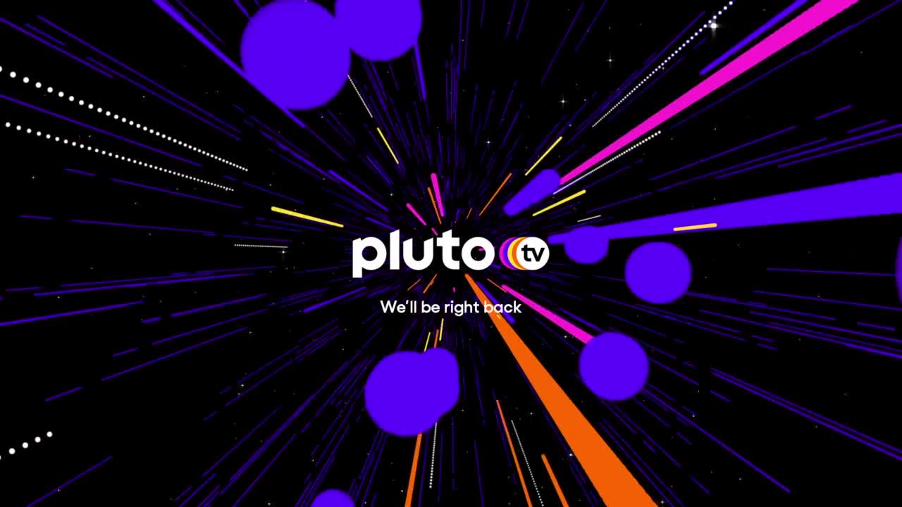 Bright streaks of color, mostly purple, pink, and orange, shoot out from the center, where the "pluto tv" logo sits. The words "We'll be right back" are beneath the logo, letting you know what's coming next.
