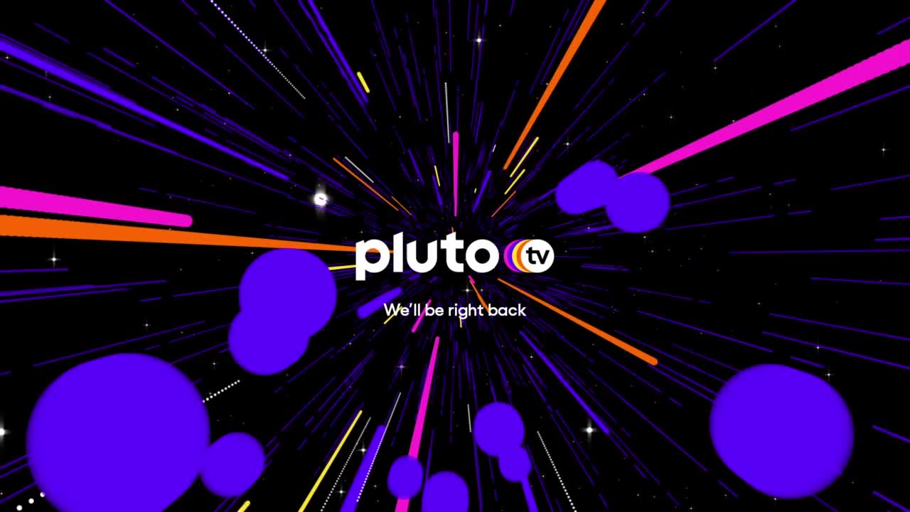 Bright streaks of purple, orange, and pink shoot across a black background, converging on the "Pluto TV" logo. Large, floating purple orbs drift through the colorful lines, and the words "We'll be right back" appear below the logo.
