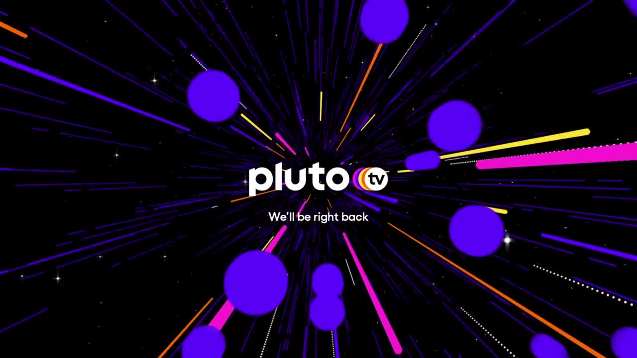 Purple orbs and streaks of color shoot towards the center of the screen, where the Pluto TV logo sits. "We'll be right back" is written underneath, a familiar message from MTV Brazil.
