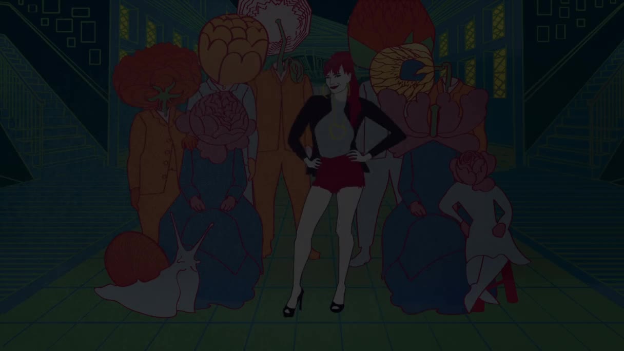 A woman in a black jacket and red shorts stands confidently, surrounded by figures with flower-shaped heads. The group is gathered on a glowing green pathway, a surreal scene that feels like it could be from an animated music video.
