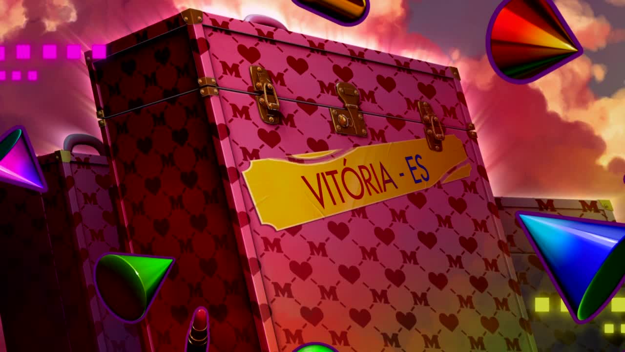 A pink suitcase, emblazoned with hearts and the name "Vitória - ES," is tilted forward, its clasps glinting. Geometric shapes in vibrant colors hover around it, set against a dramatic, cloudy sky. A pink suitcase, emblazoned with hearts and the name "Vitória - ES," is tilted forward, its clasps glinting. Geometric shapes in vibrant colors hover around it, set against a dramatic, cloudy sky.