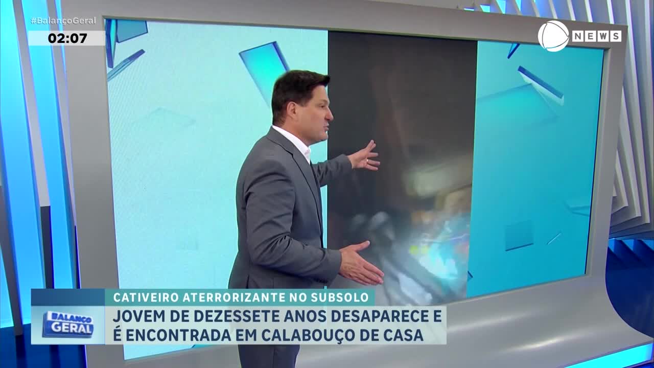 On the Record News set, a man in a suit gestures towards a screen displaying images, likely related to a story about a missing teenager. The headline, "Terrifying Captivity in the Basement," is visible on the screen.
