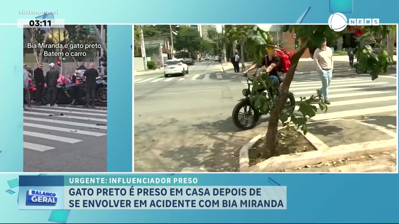 On the right, a person rides an electric bike across the street, while a pedestrian walks on a crosswalk. Across the screen, a news segment from Record News, Brazil, shows a car accident involving Bia Miranda and "Gato Preto."
