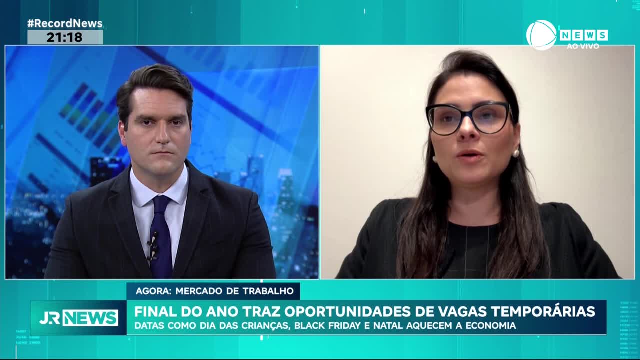 On Record News, a man in a suit looks directly at the camera, while a woman wearing glasses speaks from a separate screen. The lower third text mentions temporary job opportunities in Brazil, with the holidays boosting the economy.
