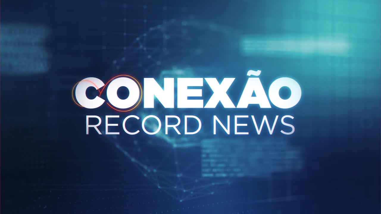 The words "Conexão Record News" are displayed in bright white against a dark blue gradient background. A stylized orange and white circle surrounds the "O" in "Conexão."
