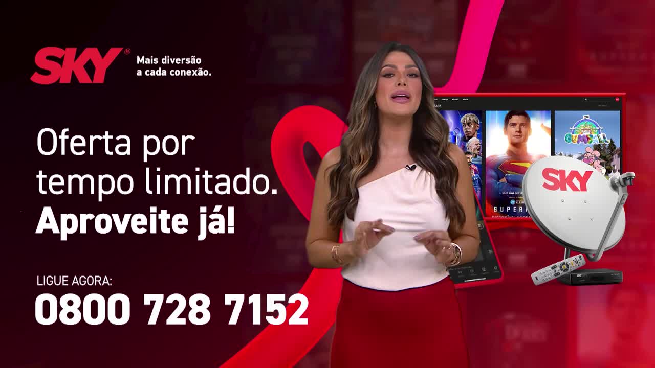 A woman in a white top and red skirt stands in front of a screen, gesturing with her hands. Behind her, a satellite dish and a tablet are displayed, along with the SKY logo and a phone number.
