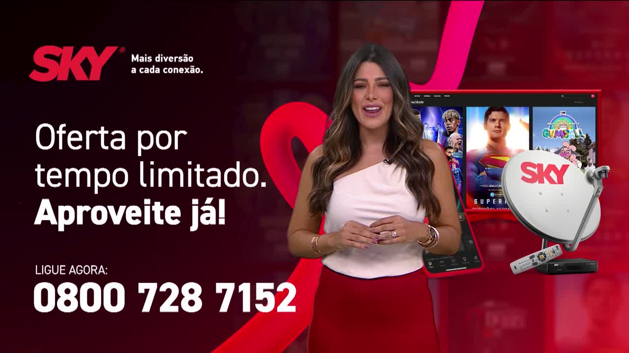 A woman in a white top and red skirt smiles directly at the camera, advertising a limited-time offer from SKY, a Brazilian television provider. The background features a satellite dish, a smartphone, and a screen showcasing various programs.
