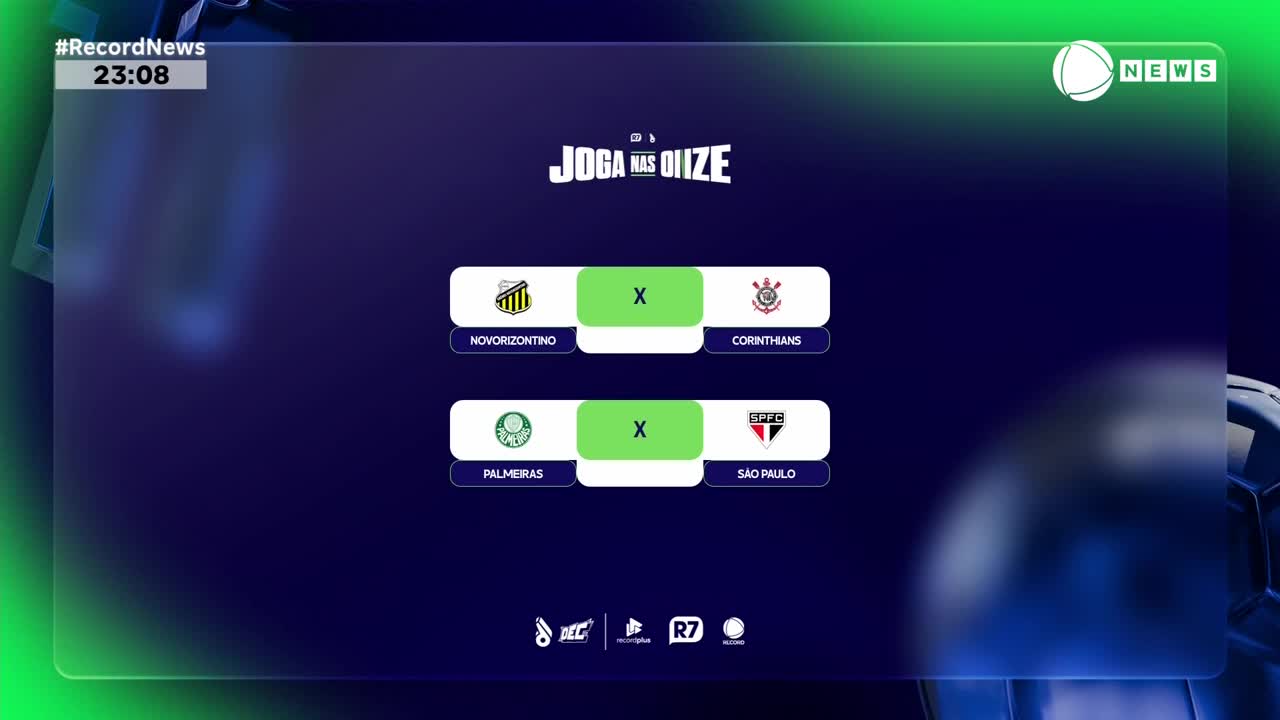 The screen displays a football match lineup for Brazilian teams. Novorizontino and Corinthians are set to play, as are Palmeiras and São Paulo.