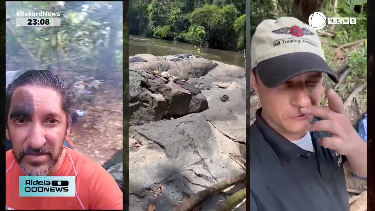 A man in a bright orange shirt is speaking to the camera, his face smudged with dirt. Beside him, a rocky riverbank is visible, with a few small, dark shapes on the stones. A third panel shows another man, wearing a baseball cap, touching his nose.