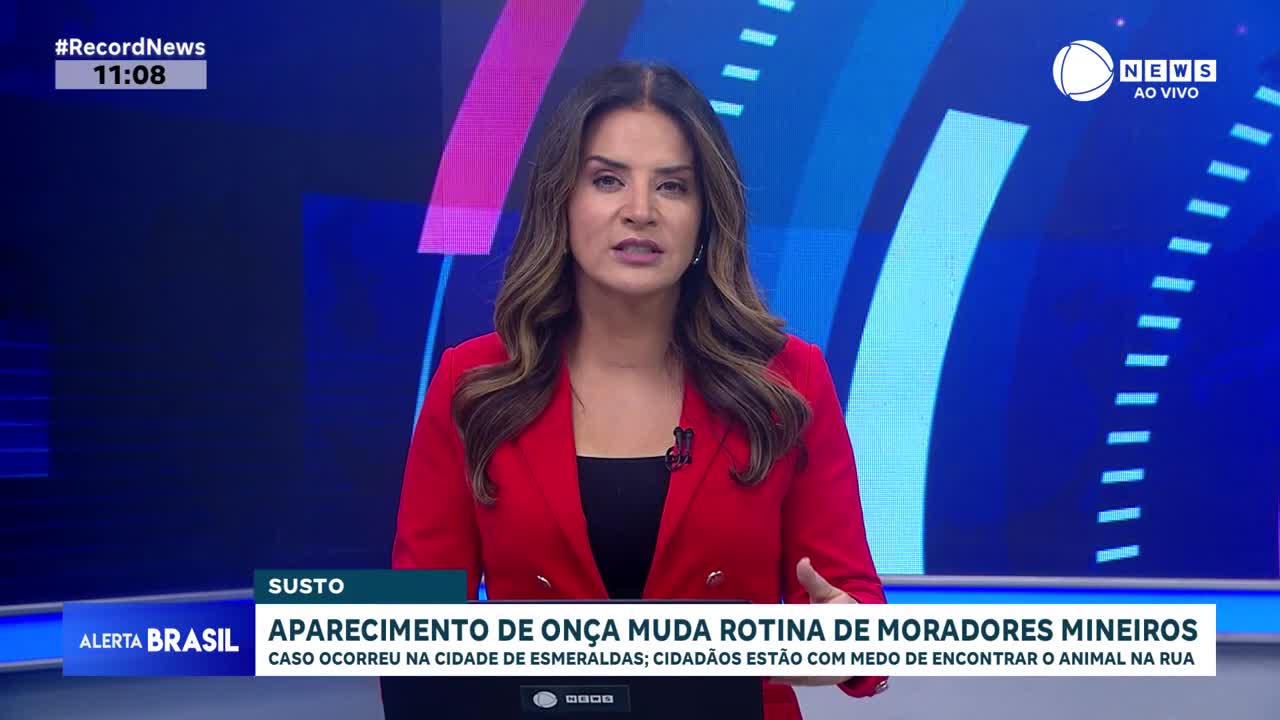 A woman in a red blazer speaks from a news desk, her expression serious. Behind her, a graphic displays the Record News logo and the headline "APARECIMENTO DE ONÇA MUDA ROTINA DE MORADORES MINEIROS."