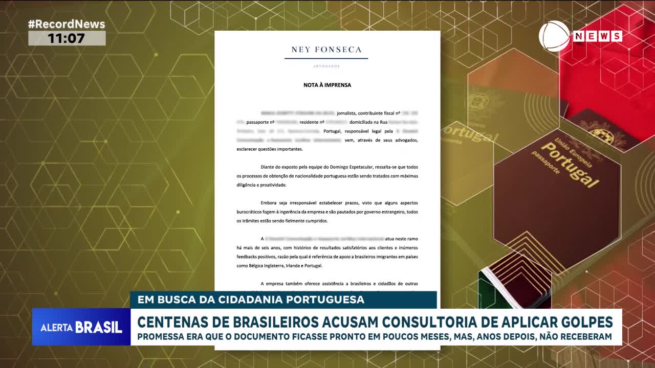 A press release detailing a consultation firm's alleged scams sits on a table next to Portuguese passports. Record News reports that hundreds of Brazilians are accusing the firm of fraud. A press release detailing a consultation firm's alleged scams sits on a table next to Portuguese passports. Record News reports that hundreds of Brazilians are accusing the firm of fraud.