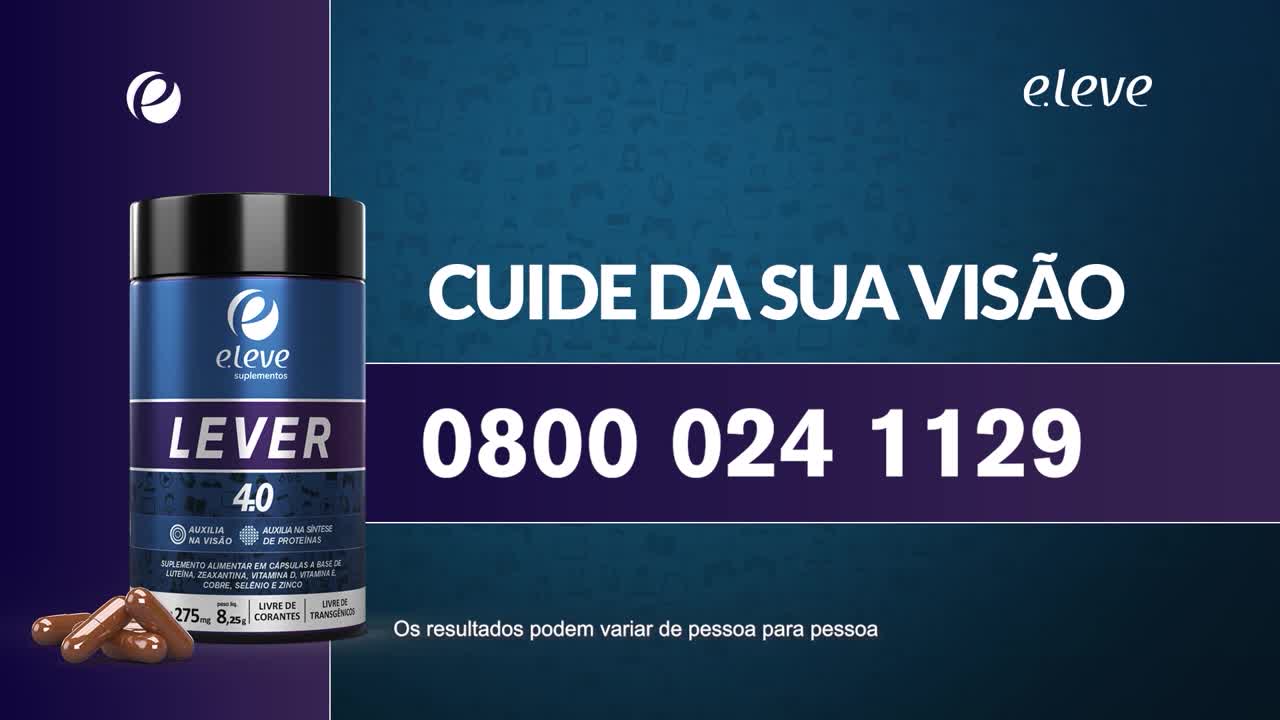 A dark blue bottle of "Lever 40" supplements stands next to a few brown capsules. White text on a dark background reads "CUIDE DA SUA VISÃO" and a phone number.