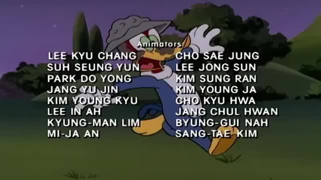 Woody Woodpecker, in his signature blue and yellow outfit, is mid-stride, his arms outstretched. The credits for the animators scroll down the left and right sides of the screen.
