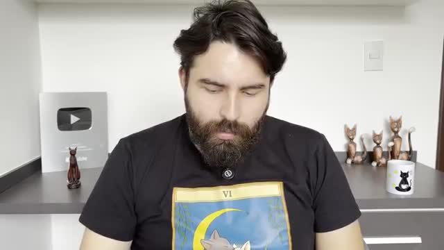 A man with a full beard and a black t-shirt is looking down, likely at something off-camera. Behind him, a shelf holds cat figurines and a mug with a cat silhouette.
