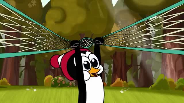 A cartoon penguin in a red and white hat is holding up a green and white net. The penguin is smiling, and a forest is visible in the background.
