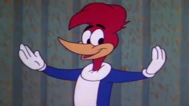 Woody Woodpecker, in his signature blue and red outfit, has his arms outstretched, palms up. He's smiling, looking directly at the viewer with wide, innocent eyes.

