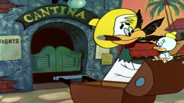 A large cartoon rooster, wearing a sombrero and smoking a cigar, looks down at a smaller duckling perched on a trunk. Behind them, a sign reads "Cantina" above a saloon-style entrance.
