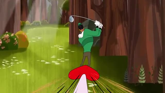 A golfer in a green outfit is mid-swing, poised to hit the ball. The scene is set in a cartoon forest, with the golfer standing on a giant red heart.
