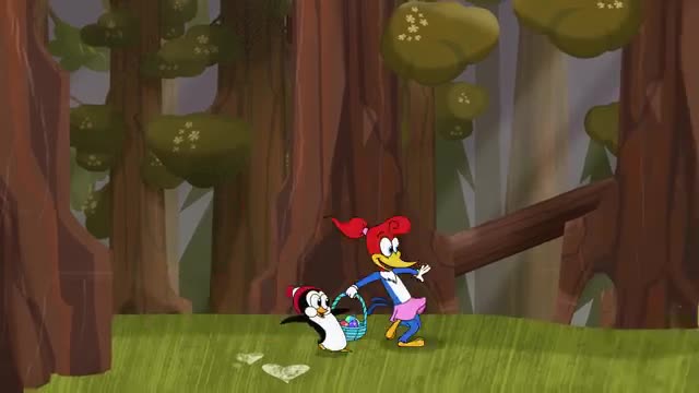 Woody Woodpecker and a penguin are skipping through the forest, the bird holding a basket of eggs. They're walking on a grassy patch, surrounded by trees.
