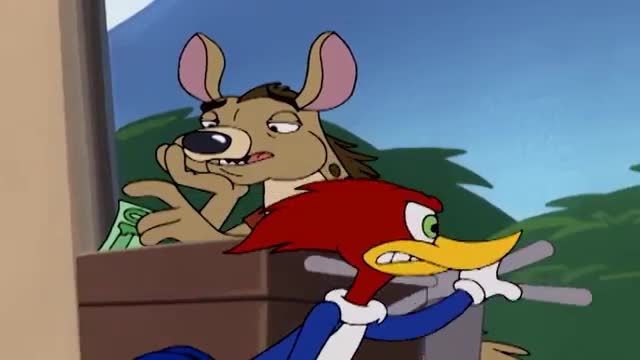 Woody Woodpecker is aiming something at a hyena, who looks bored and has some money. The hyena rests his head on his hand.
Woody Woodpecker is aiming something at a hyena, who looks bored and has some money. The hyena rests his head on his hand.