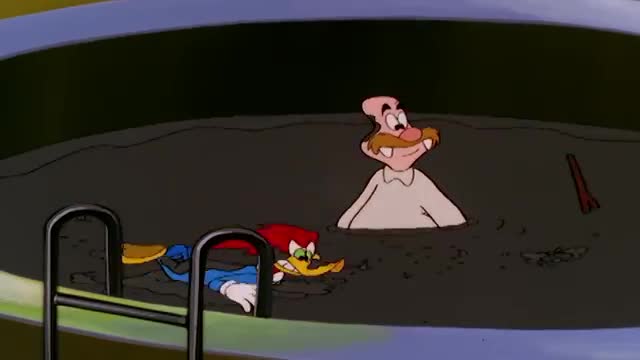 A woodpecker with a red crest paddles through dark water, his blue overalls visible. A man with a large mustache, wearing a white shirt, stands submerged in the same murky pool.