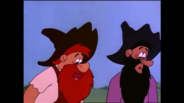 Two men with wide-brimmed hats and bushy beards stand close, their expressions a mix of surprise and concern. The one on the left, with a vibrant red beard, seems to be mid-sentence, while the other, sporting a dark beard, looks off to the side with a worried frown.