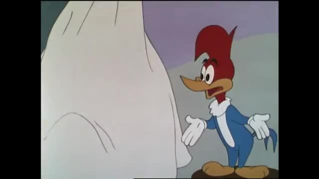 A red-headed woodpecker in a blue jacket stands with his hands outstretched, looking surprised. Beside him, a large, white, amorphous shape looms.