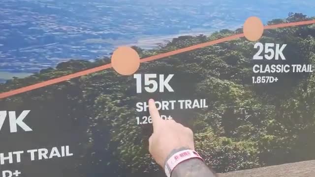 A finger points to the "15K SHORT TRAIL" on a large display, likely for a race in Brazil. The background shows a lush, green landscape with a distant view of a city.