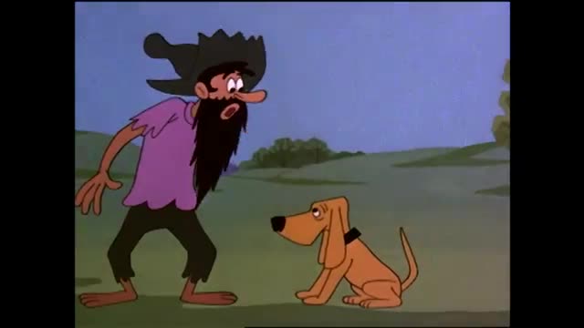 A man with a long beard and a tattered purple shirt stands with his arms outstretched, looking surprised. A brown dog sits patiently before him, its tail curled.