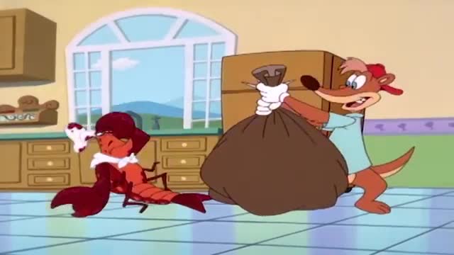 A red lobster, looking a bit disheveled, scurries across the kitchen floor. Behind it, a brown, cartoonish creature in a red cap and light blue shirt struggles to carry a large, bulging trash bag. A red lobster, looking a bit disheveled, scurries across the kitchen floor. Behind it, a brown, cartoonish creature in a red cap and light blue shirt struggles to carry a large, bulging trash bag.
