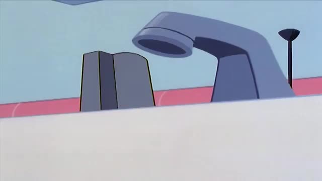 The faucet is turned on, and water is pouring into the sink. A red and white striped border runs along the back of the sink. The faucet is turned on, and water is pouring into the sink. A red and white striped border runs along the back of the sink.