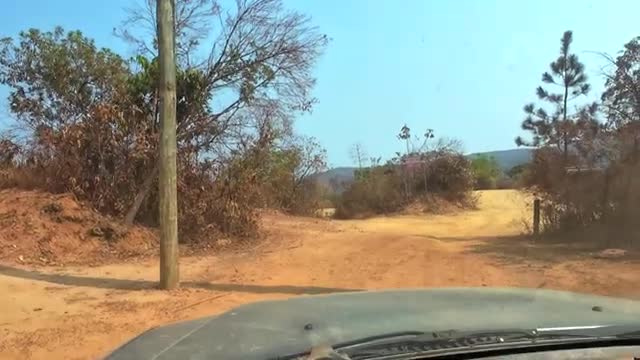 The car is bouncing along a dusty track in Brazil. A wooden pole stands to the left, and dry brush lines the roadside.