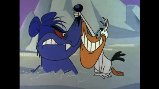 A blue, fanged creature with red eyes is yanking a white bird by its head. The bird's wide, toothy grin seems to mock the struggle.