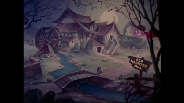 The waterwheel turns slowly, its spokes catching the moonlight. A signpost points to the "Old Haunted Mill," its lettering faded.