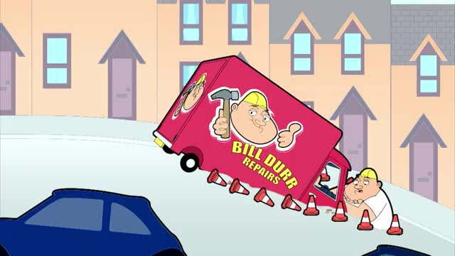 A red truck with "Bill Durr Repairs" emblazoned on its side is tipping precariously, spilling traffic cones onto the street. A man in a hard hat, looking worried, scrambles to catch them.