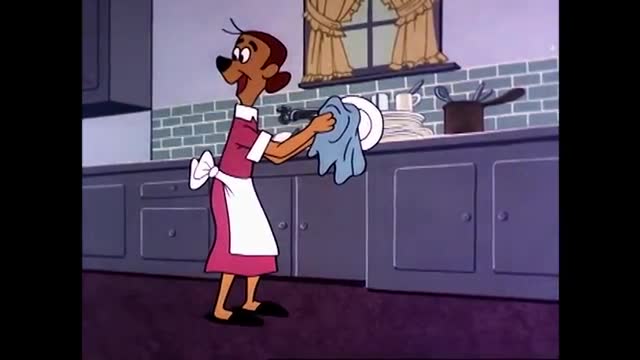 A woman with brown fur, wearing a pink dress and white apron, wipes a plate with a blue cloth. She stands by a sink, with a stack of clean dishes beside her.